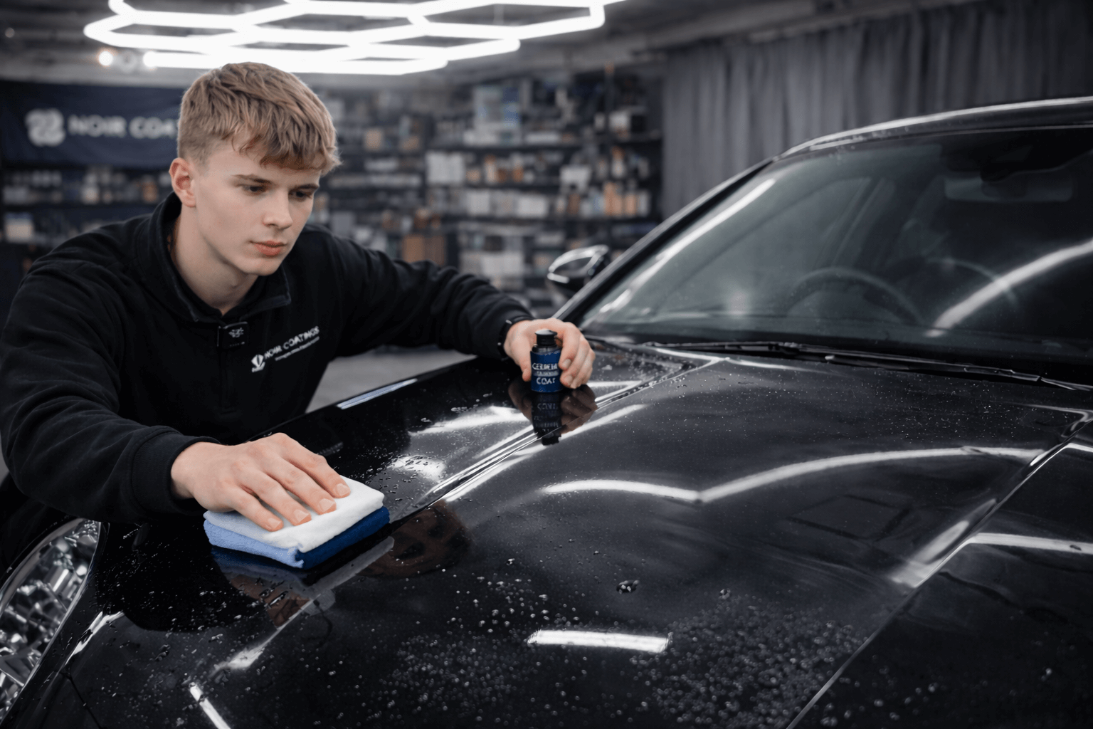 Technician applying ceramic coating to black car hood in detailing studio for protection