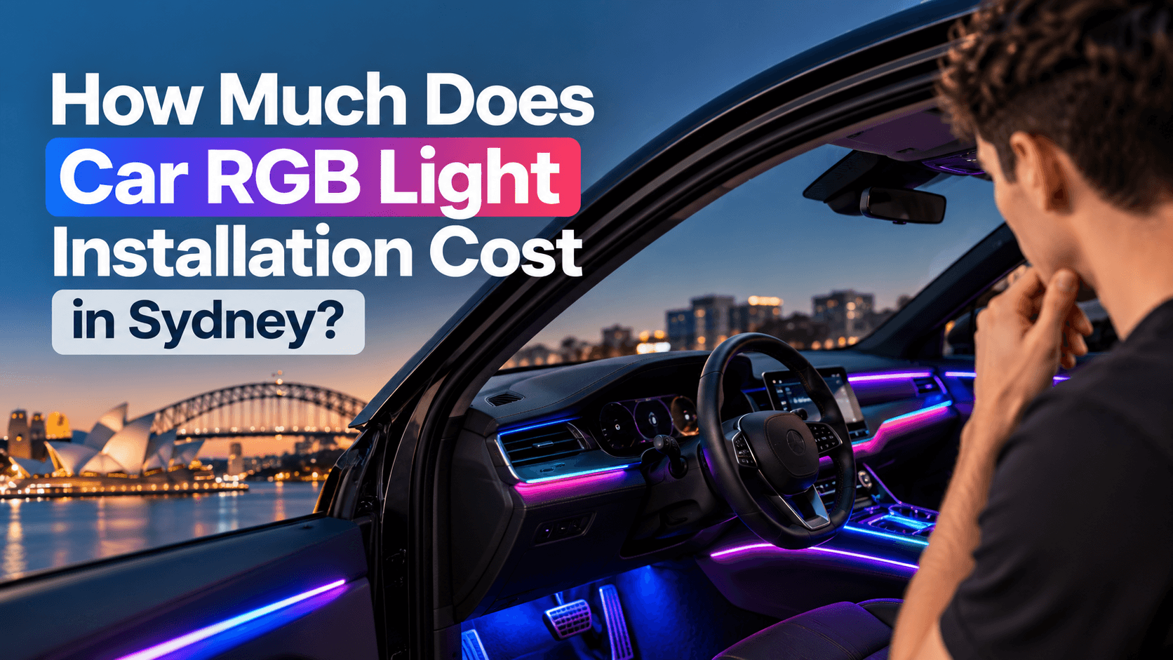 Car RGB light installation cost in Sydney, featuring a car interior with vibrant LED ambient lighting.