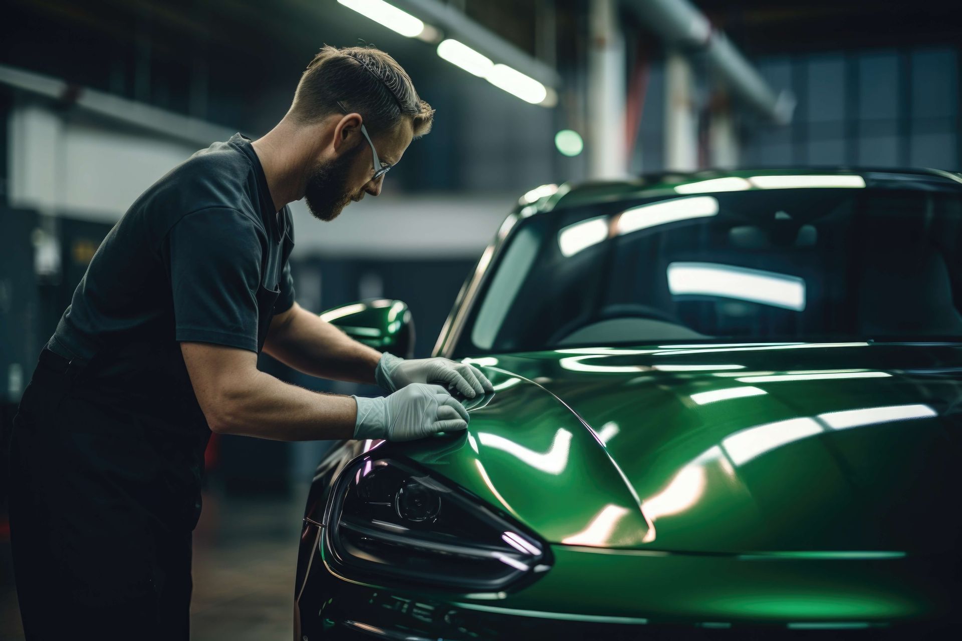 A technician applying ceramic coating on a green car.