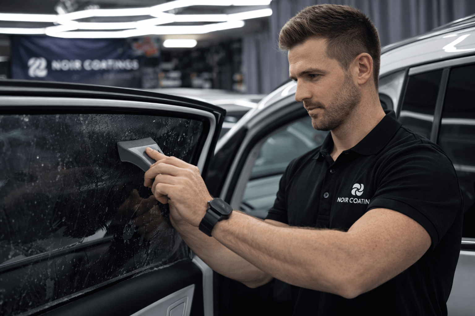 Technician tinting the side glass of a car