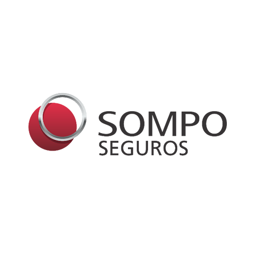 O logotipo da Sompo Seguros apresenta um círculo vermelho sobreposto por um anel metálico ao lado do texto 