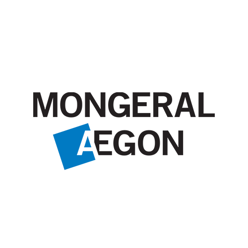 O logotipo da empresa Mongeral Aegon, com texto preto e um ícone quadrado azul inclinado.