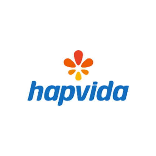 O logotipo da Hapvida apresenta um ícone colorido em forma de flor acima do nome da empresa em letras minúsculas azuis.