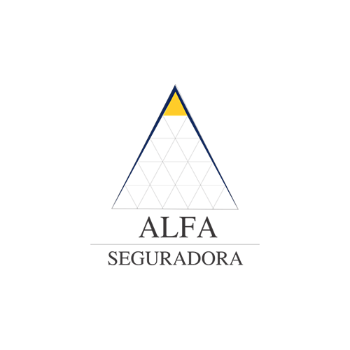 Logotipo da Alfa Seguradora apresentando um contorno triangular preenchido com uma grade e um pequeno triângulo amarelo no topo, acima do nome da empresa.