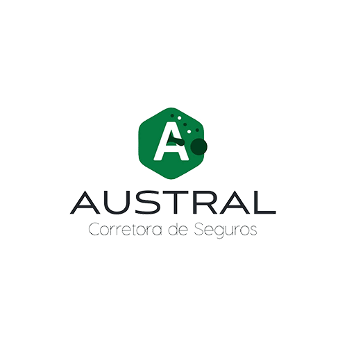 Logotipo da Austral Corretora de Seguros apresentando um hexágono verde com um 
