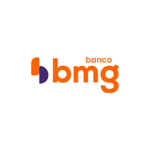 O logotipo laranja e roxo escuro do Banco BMG apresenta um ícone estilizado seguido pelo nome da marca.