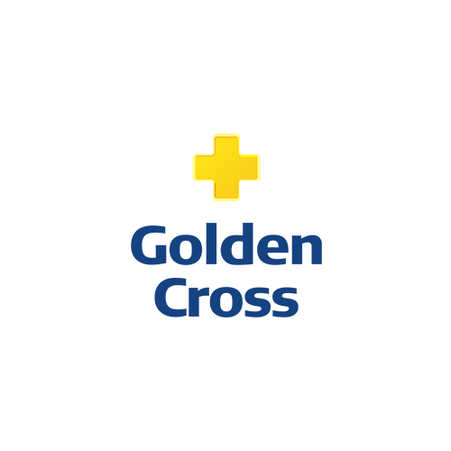 O logotipo da empresa Golden Cross apresenta um sinal de mais amarelo acima do texto azul 