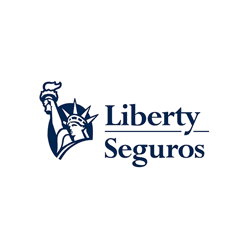 Logotipo azul escuro da Liberty Seguros com um ícone da Estátua da Liberdade e o nome da empresa em uma fonte serifada clássica.
