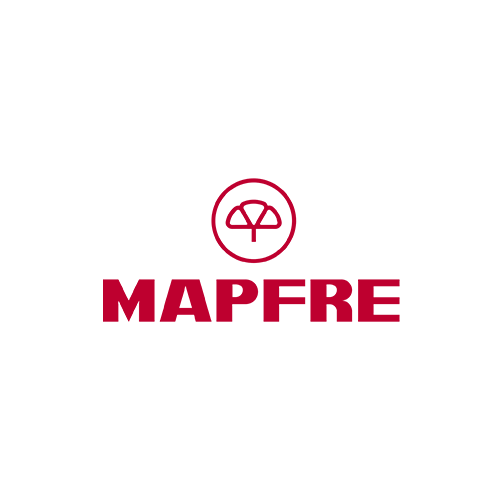 O logotipo da MAPFRE apresenta um ícone estilizado de folha de ginkgo em vermelho escuro dentro de um círculo, acima do nome da empresa em negrito vermelho.