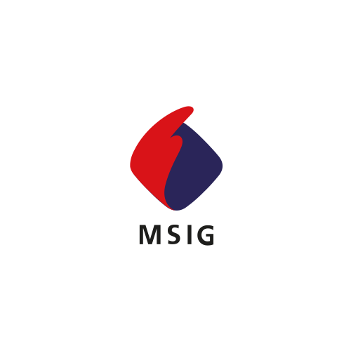 O logotipo da MSIG apresenta um emblema estilizado em forma de diamante nas cores vermelha e azul-escura, acima das letras pretas 