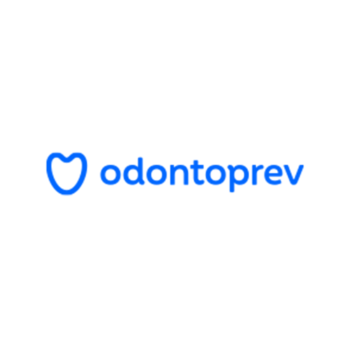 Logotipo azul da Odontoprev apresentando um símbolo estilizado em forma de coração à esquerda do nome da empresa em letras minúsculas.