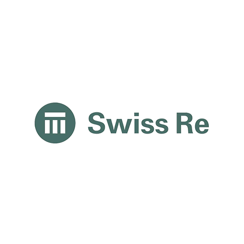 O logotipo da Swiss Re apresenta o nome da empresa em texto verde escuro ao lado de um círculo contendo um ícone estilizado de um pilar branco.