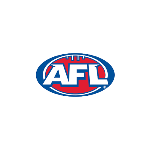 O logotipo da Liga Australiana de Futebol (AFL) apresenta letras brancas em negrito sobre um oval vermelho, emoldurado por uma borda azul espessa.