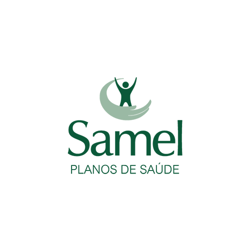 Logotipo verde do plano de saúde Samel, apresentando um ícone de uma pessoa amparada por mãos acima do texto 
