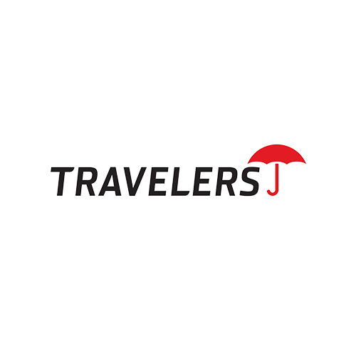 O logotipo da seguradora Travelers, apresentando a palavra 