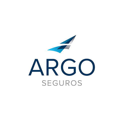 Logotipo da Argo Seguros apresentando um ícone estilizado de pássaro abstrato em azul e cinza acima do texto azul escuro 