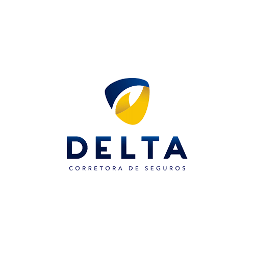 Logotipo da Delta Corretora de Seguros apresentando um ícone em forma de escudo nas cores azul e amarela, acima do nome da empresa em azul.