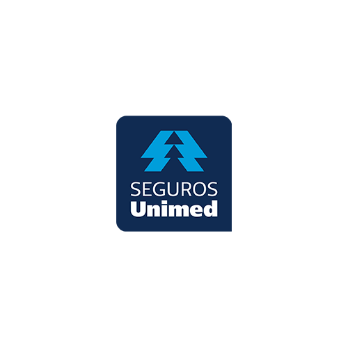 O logotipo da marca Seguros Unimed apresenta um ícone estilizado em azul claro de duas árvores sobre texto branco em um fundo azul escuro.