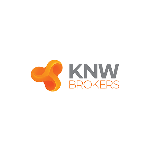 Logotipo da KNW Brokers apresentando uma forma abstrata laranja de três pontas ao lado do texto cinza 