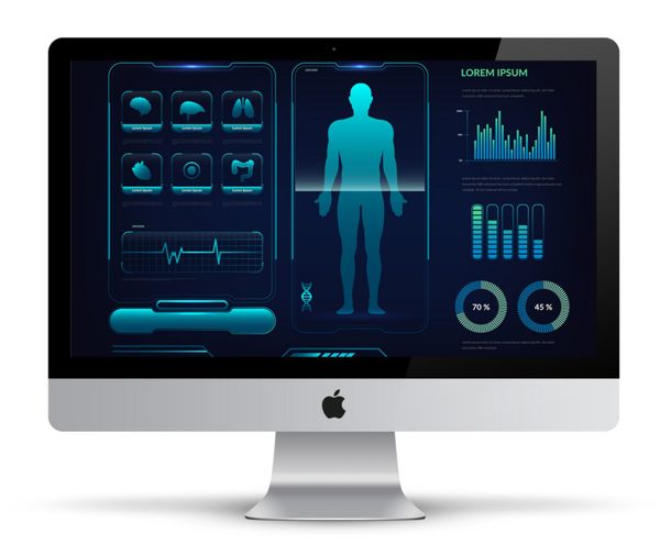 Um monitor de computador exibe um painel médico futurista com a silhueta de uma pessoa, ícones de órgãos e gráficos analíticos.