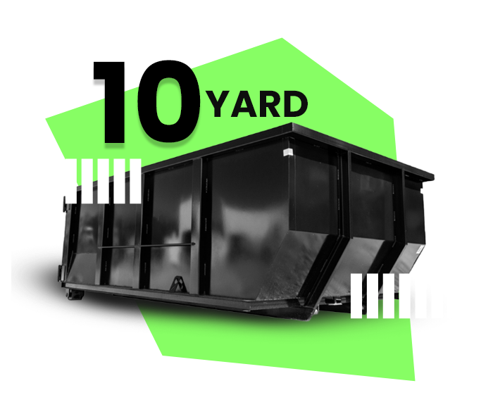 A black 10-yard dumpster sits against a lime green geometric background.
