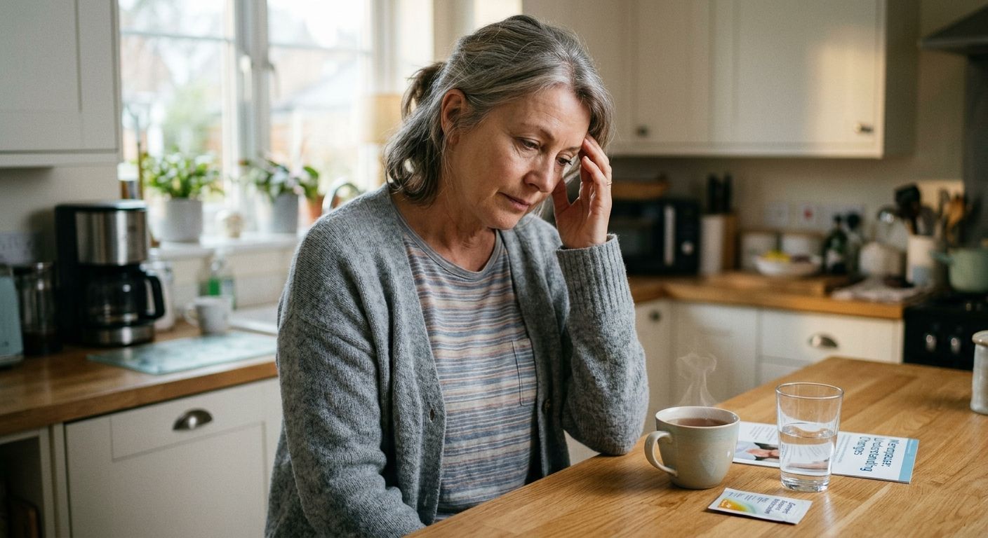 Woman sitting at a kitchen table, looking stressed, with a cup and scattered bills or papers nearby.