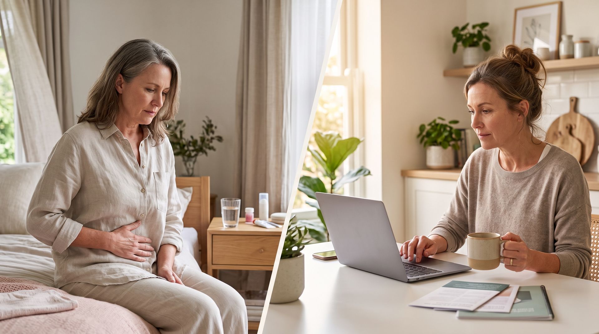 Woman sitting on a couch, looking at her phone, beside a woman working on a laptop at a table