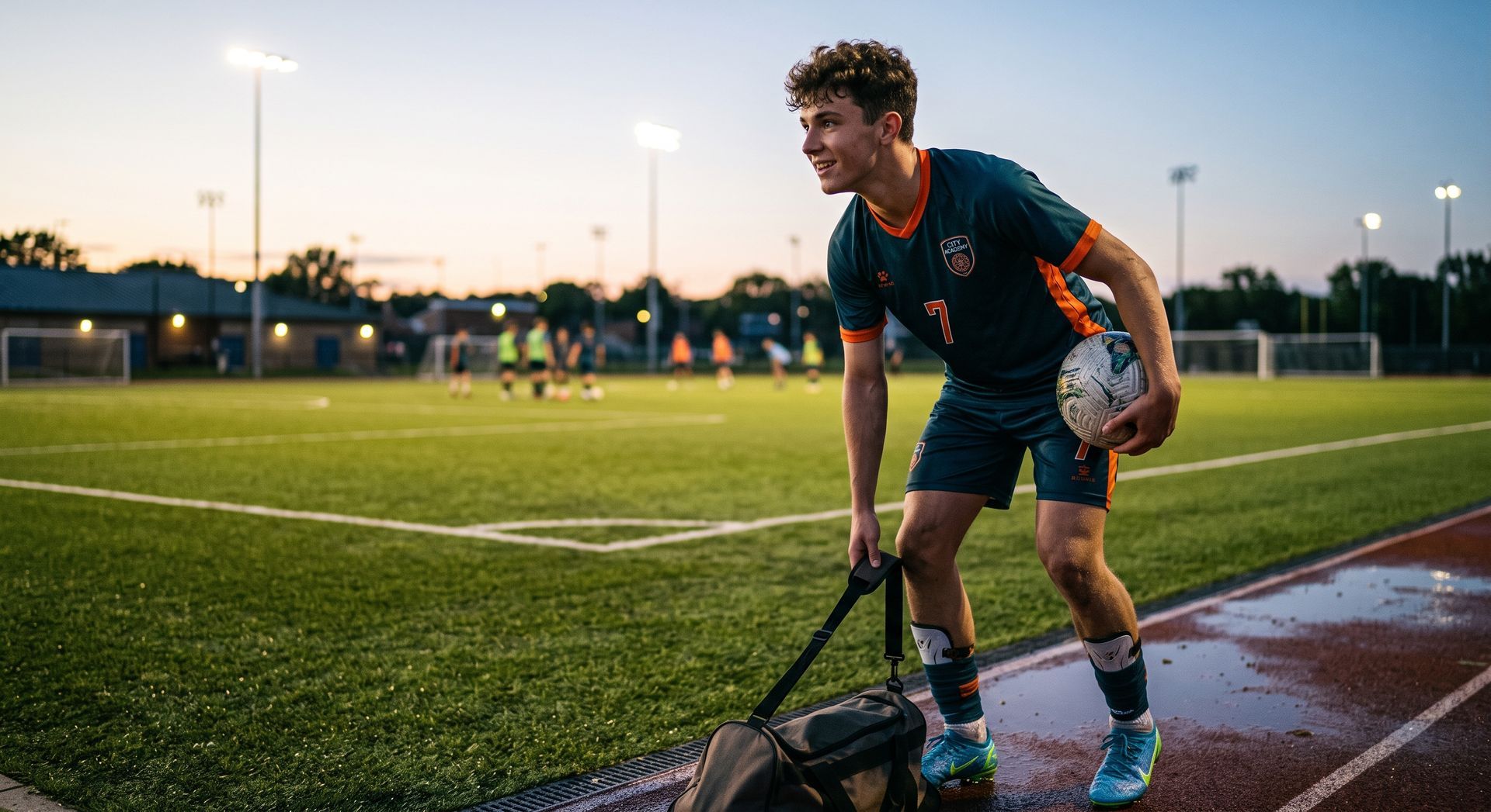 Athlete on a track beside a soccer field, carrying a ball and pulling a sled at dusk.