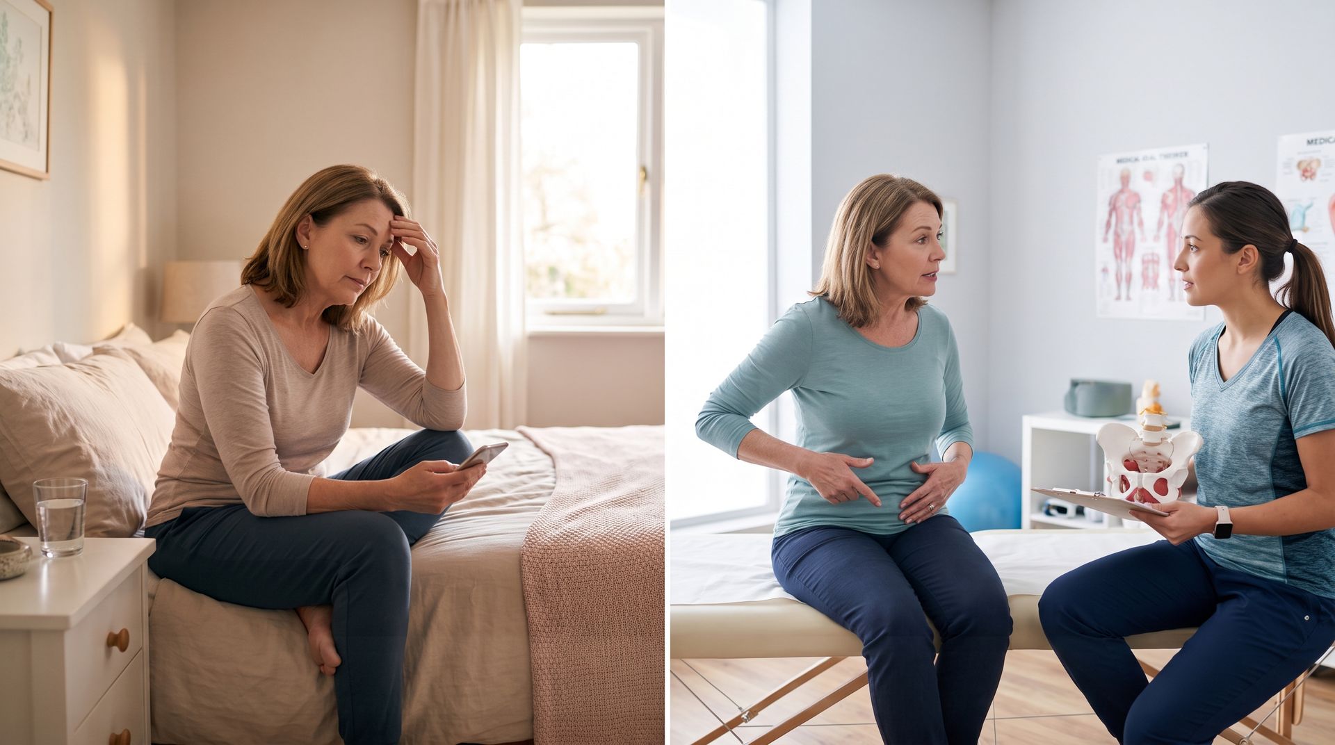Woman with stomach pain talking to a doctor in a bright bedroom, seated on a bed and chair.