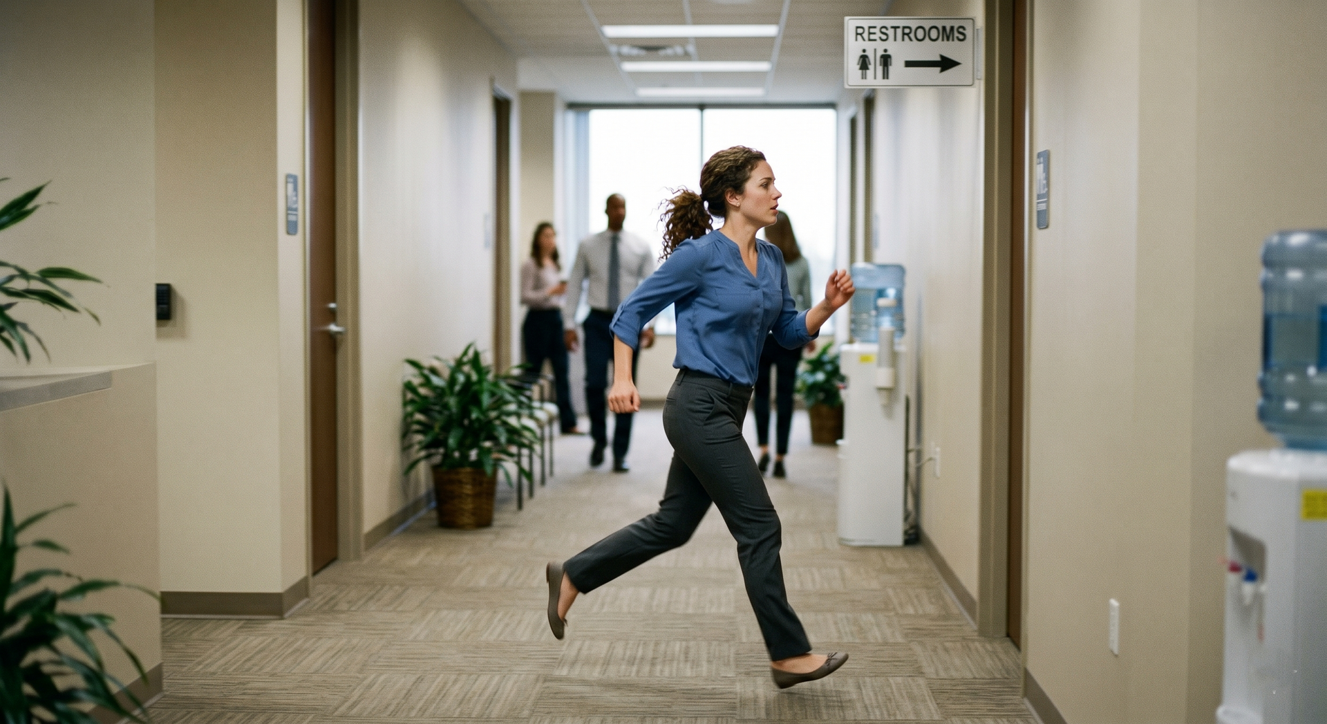 Person running down an office hallway past a water cooler and potted plants.