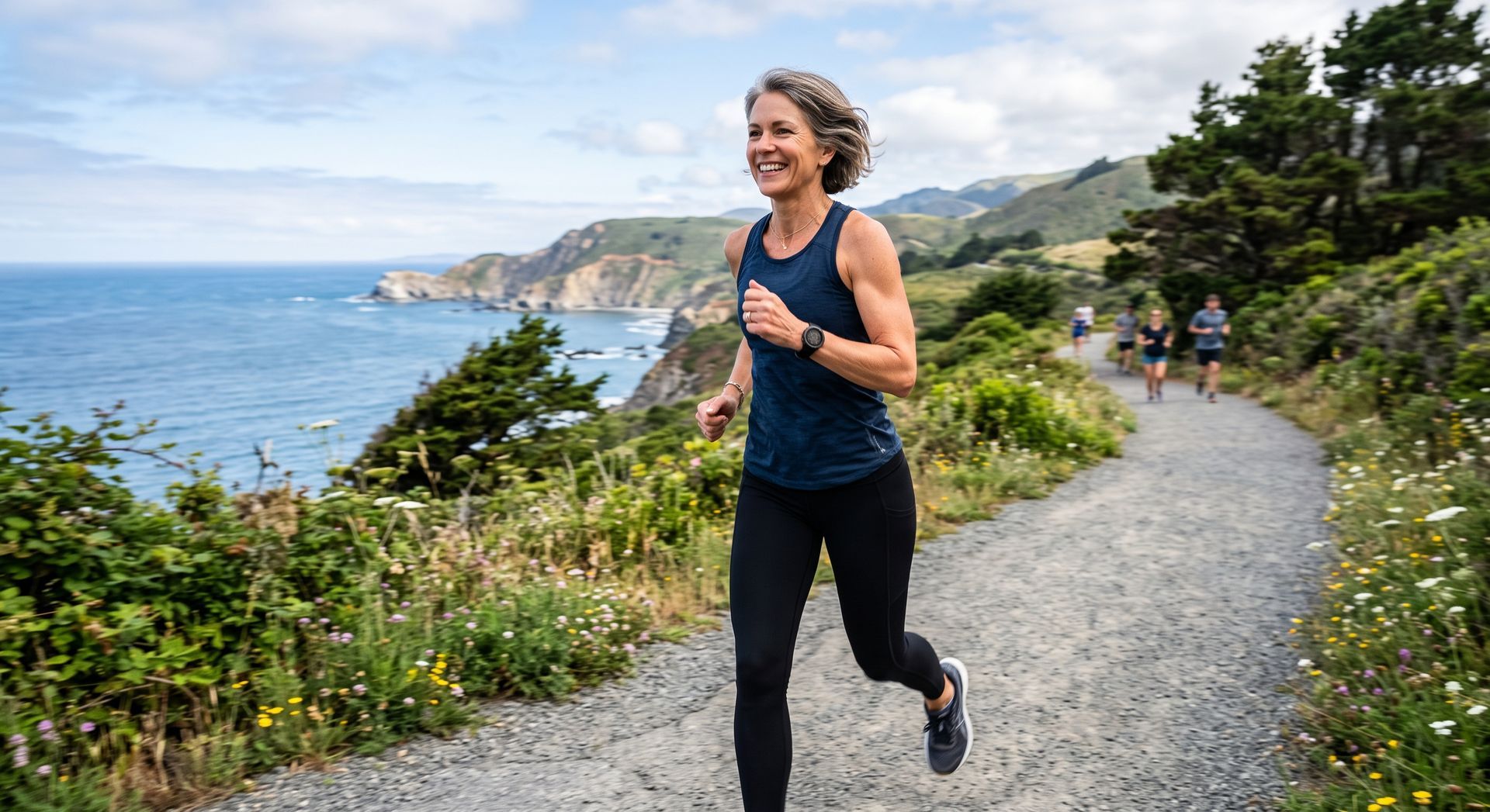 Woman jogging on a coastal gravel path with ocean and cliffs in the background