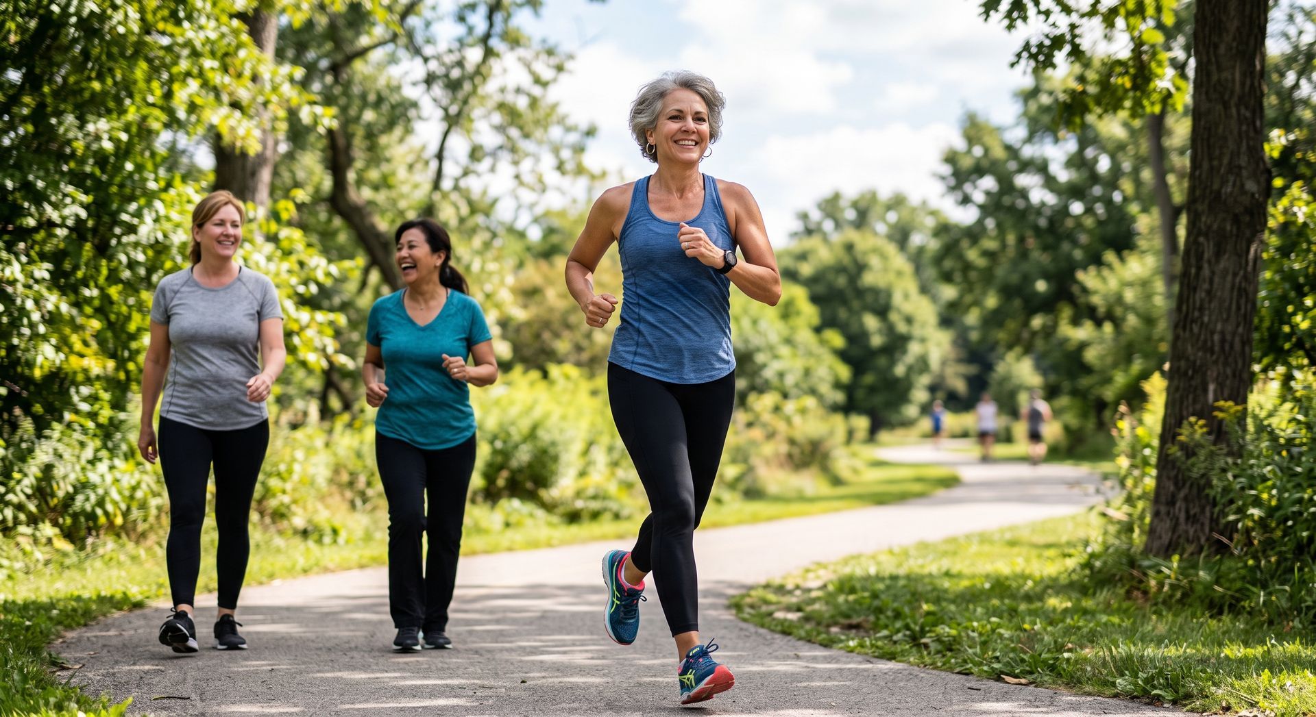 Three people jogging on a sunlit park path with trees and greenery