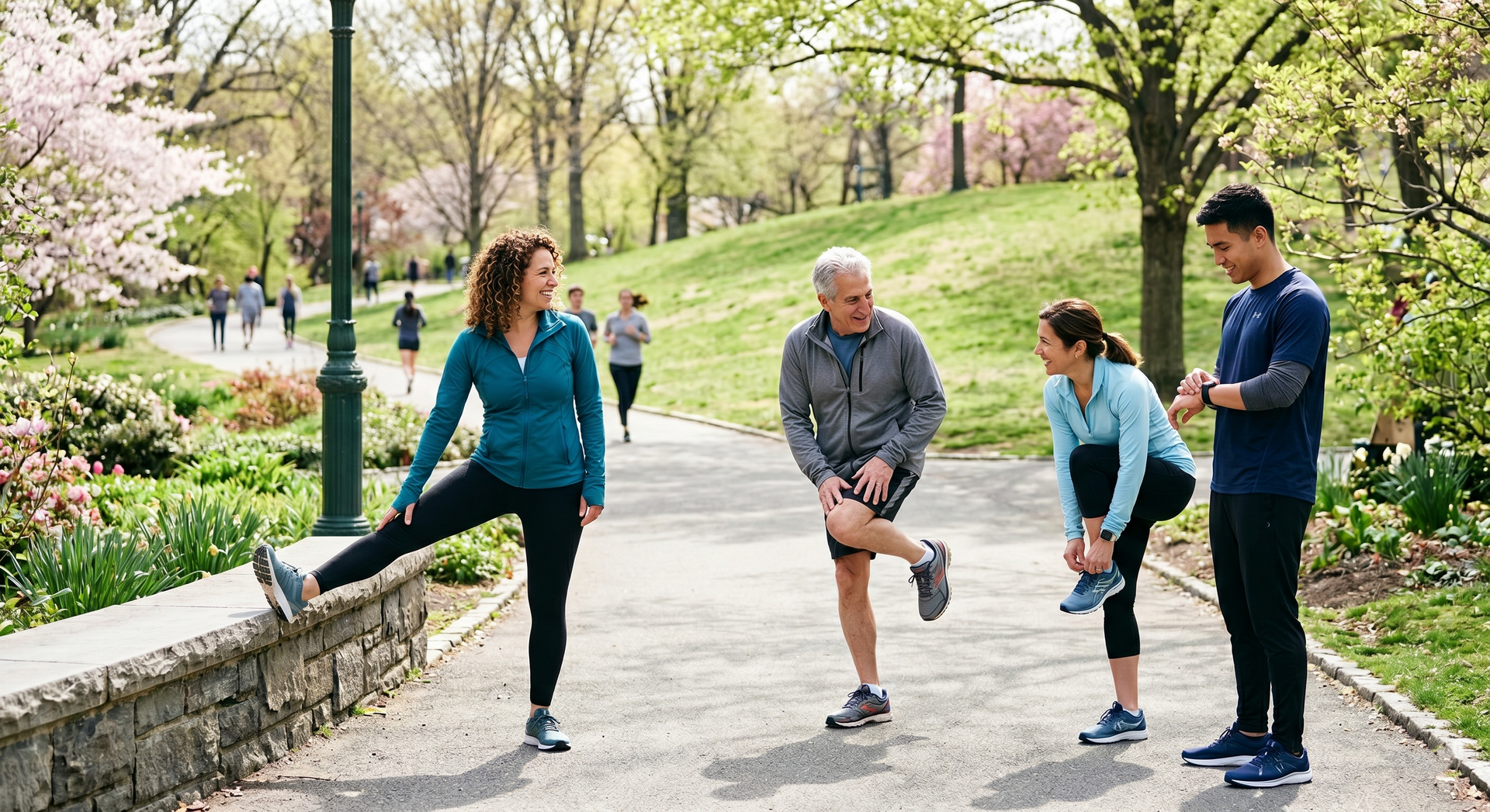 People stretching in a park beside a stone wall with blooming trees and a paved path
