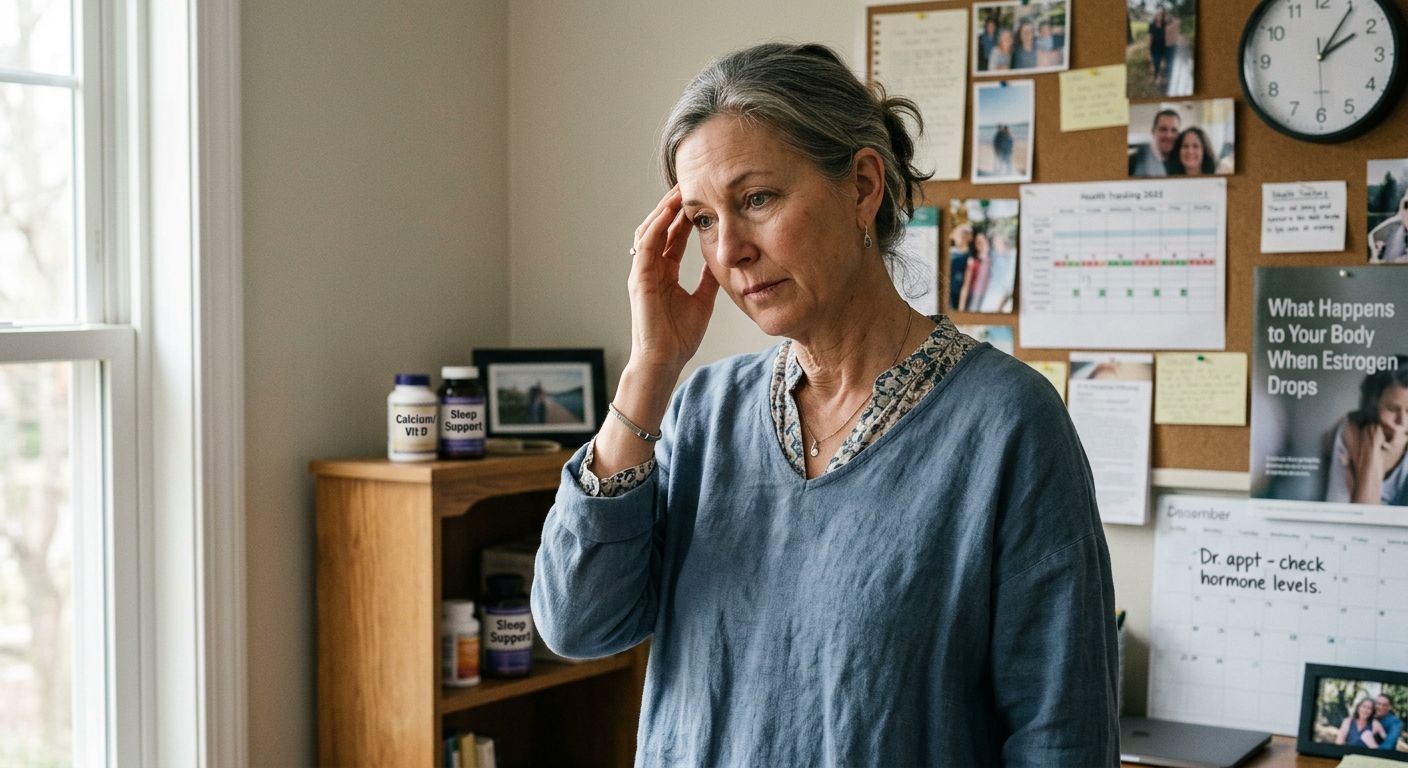 Woman standing indoors, touching her temple beside a bulletin board and clock, looking thoughtful.