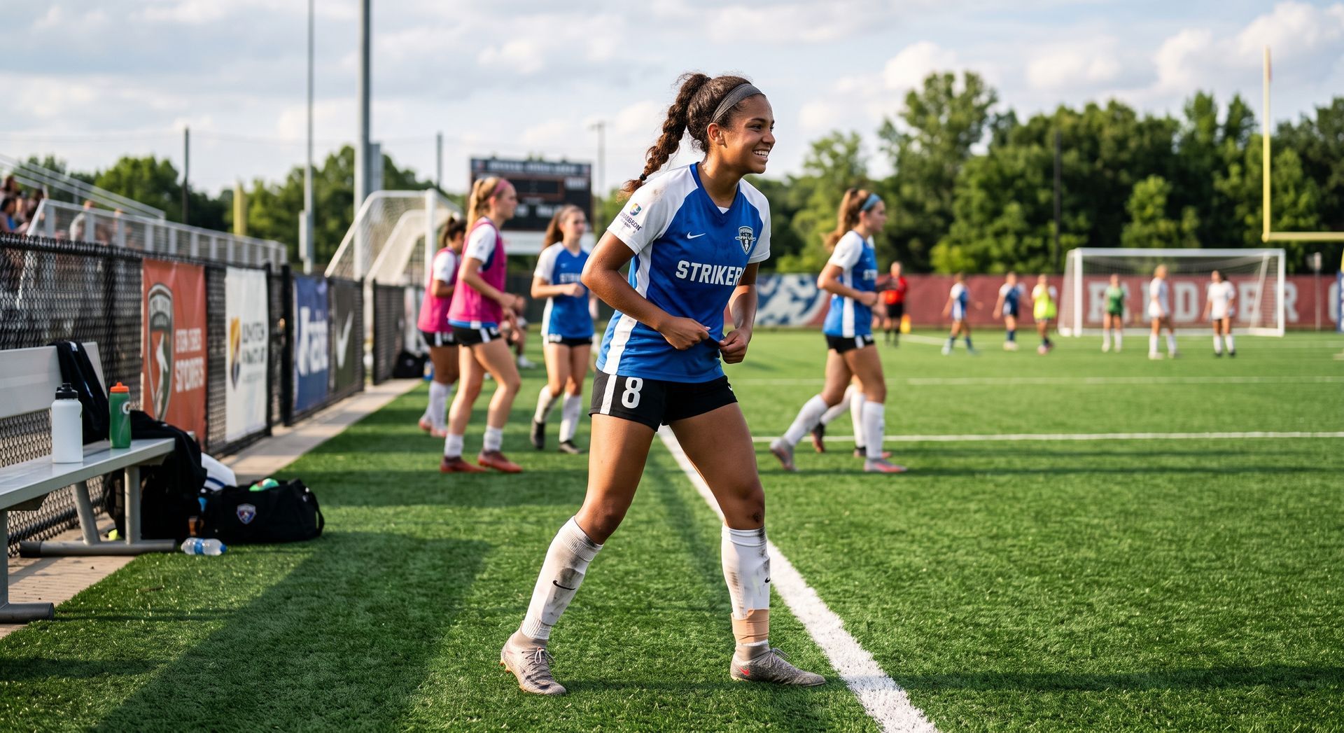 Soccer player in blue jersey walks along the sideline on a sunny field with teammates in the background