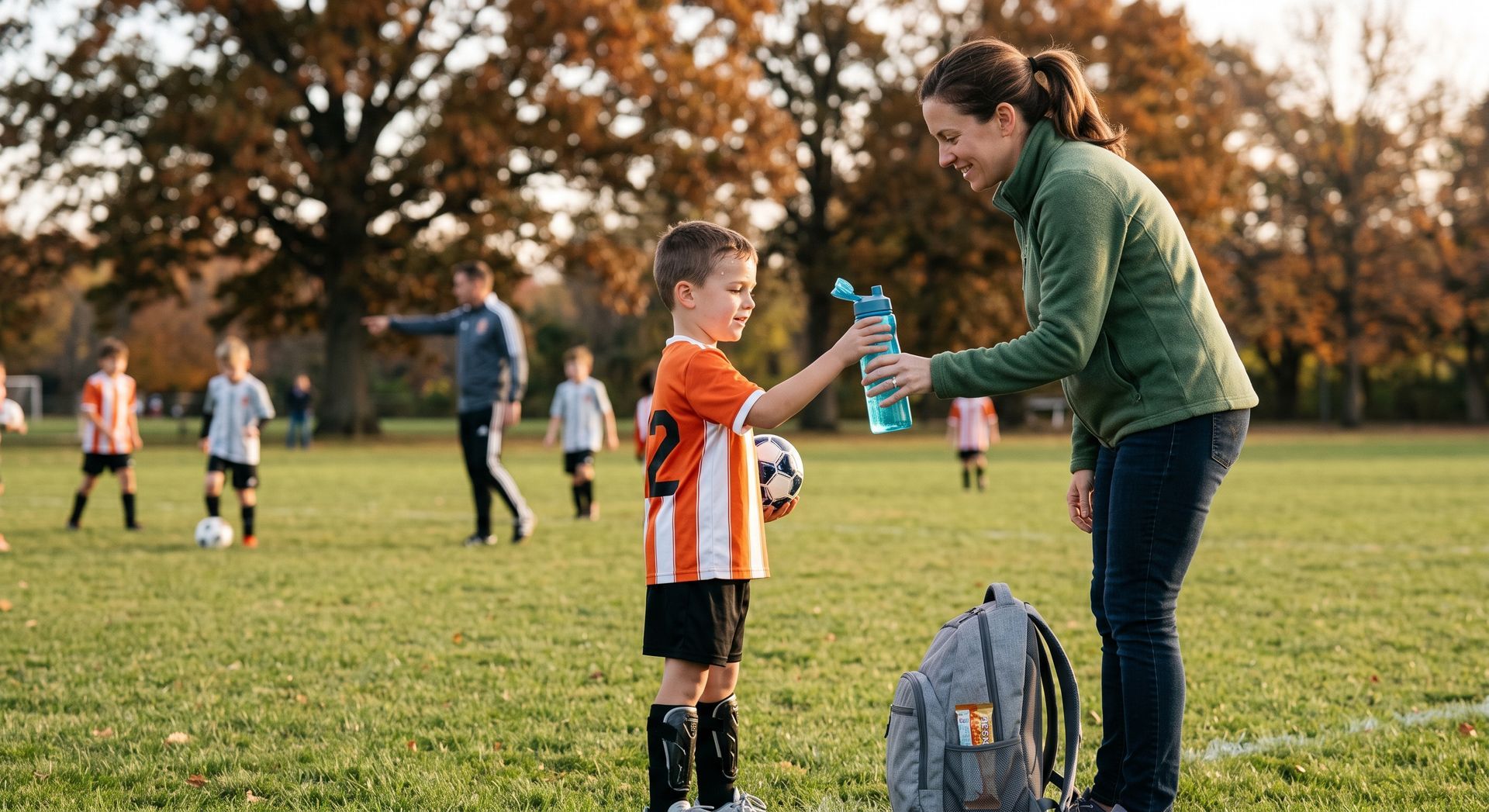 Woman handing a water bottle to a boy at a youth soccer field