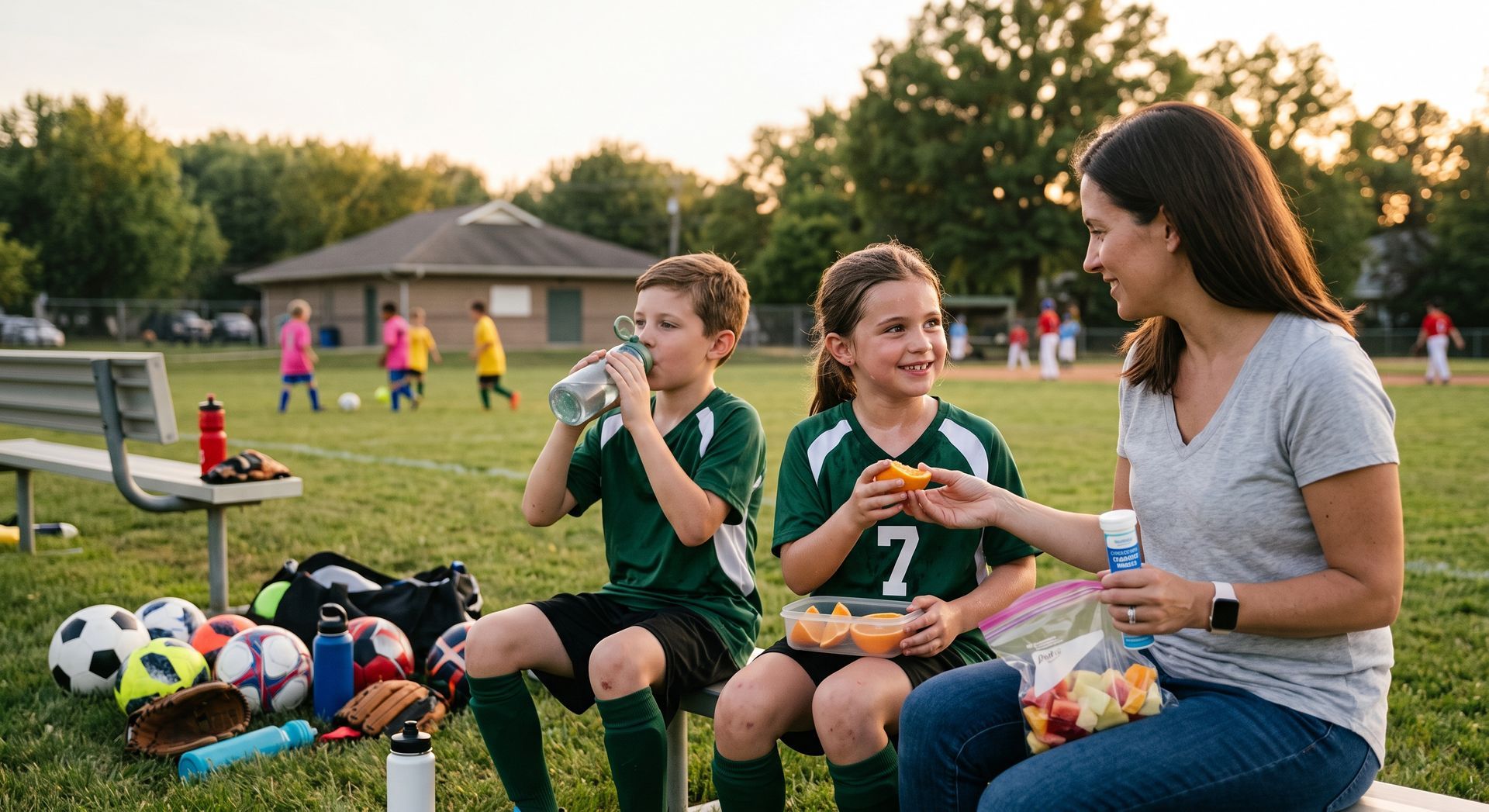Children and a woman sitting on a bench at a soccer field, with soccer balls and gear nearby.