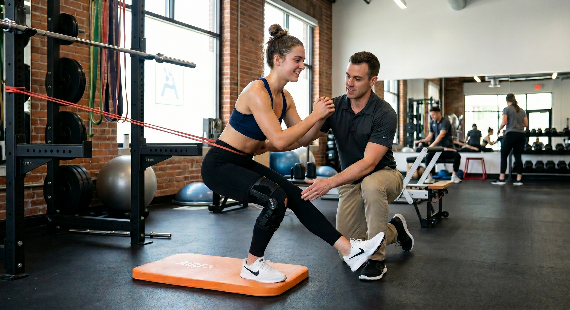 Trainer guiding a client through a balance exercise in a gym, with weights and equipment in the background.