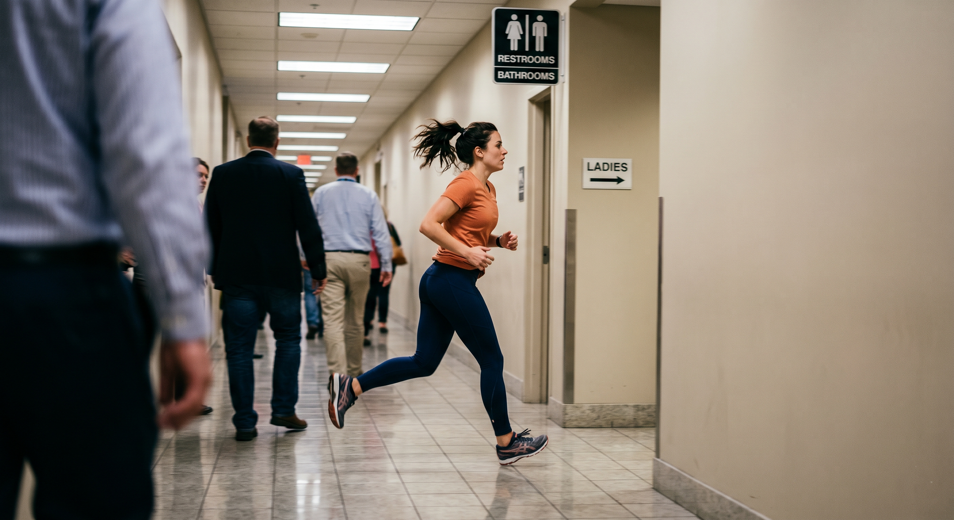 People walking down a hallway, with a woman jogging past the restroom signs.
