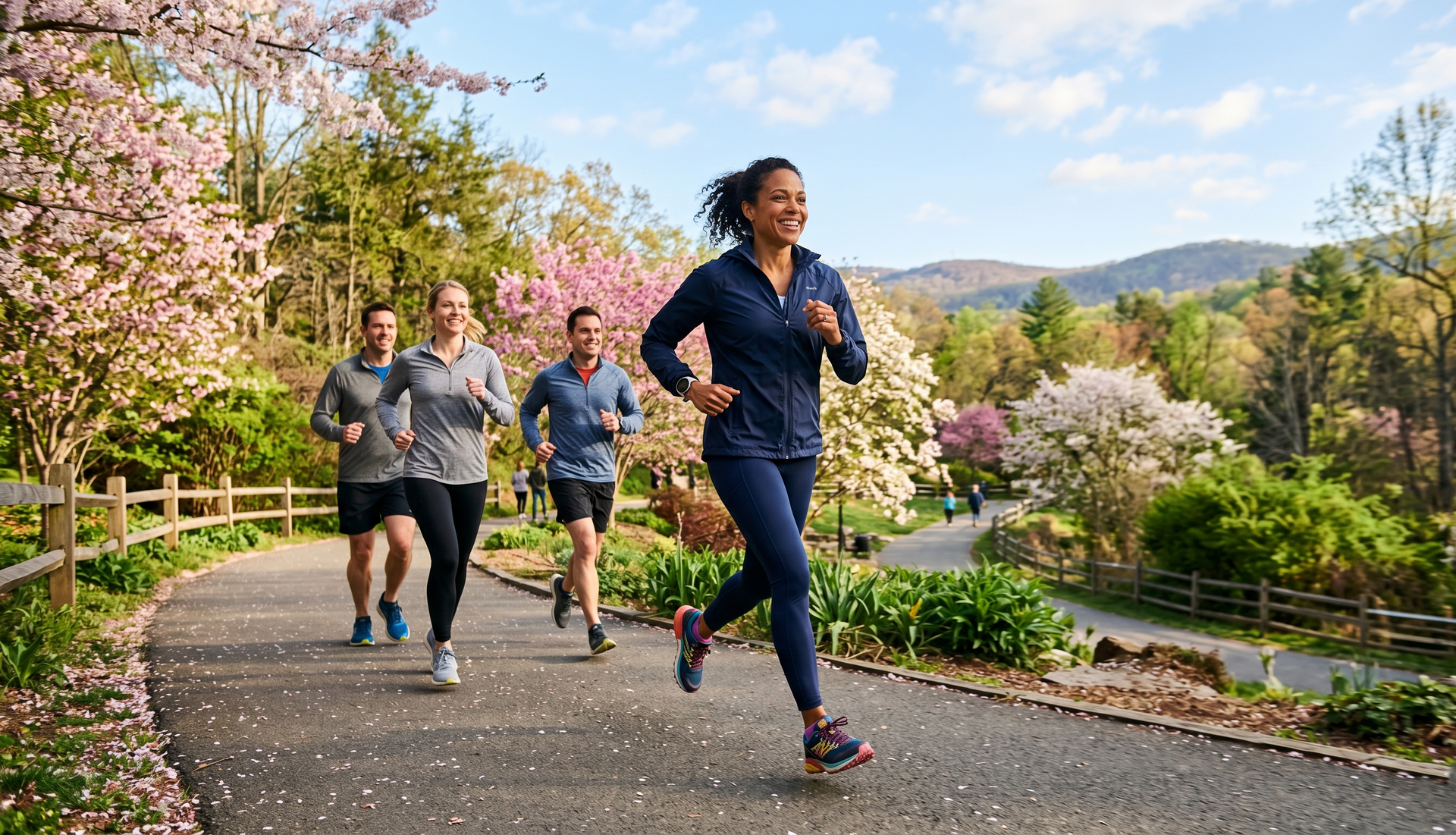 Three women jogging on a garden path with blooming trees and hills in the background