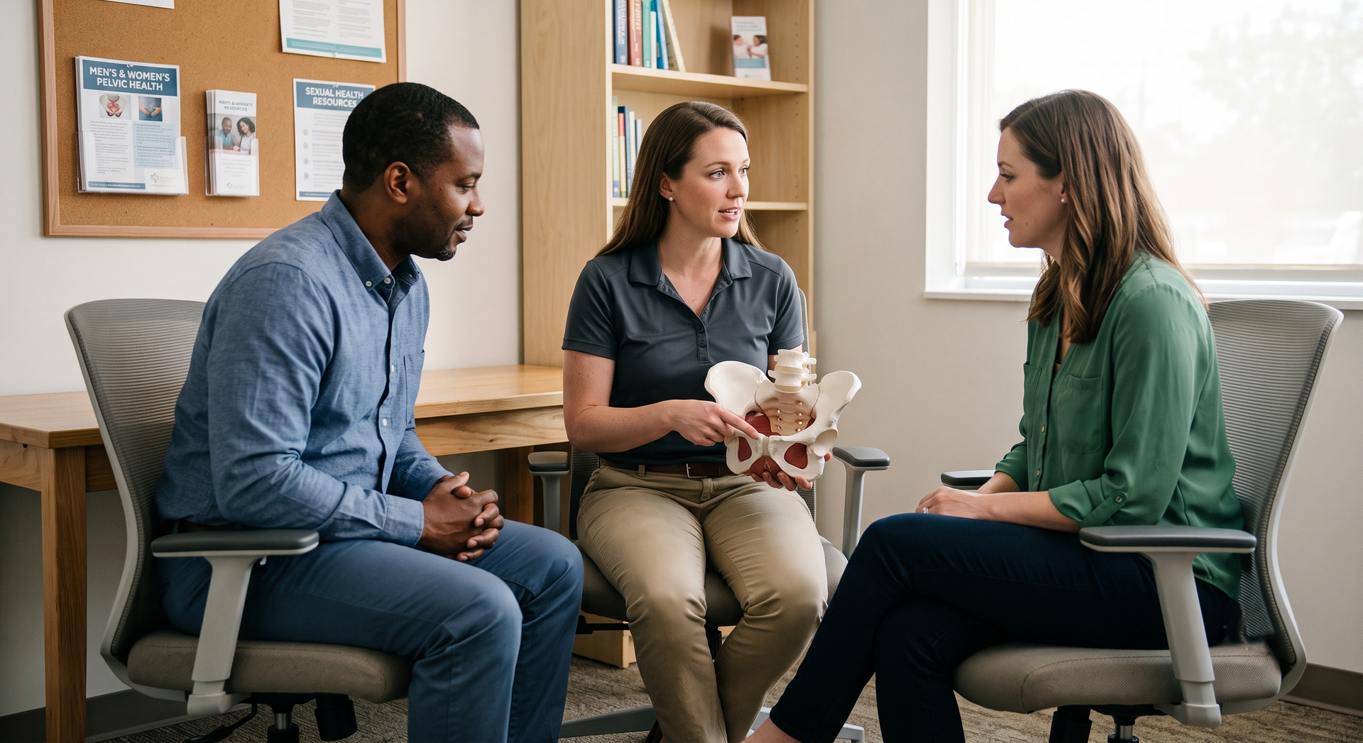Three people in a counseling session, seated in a small office, talking with papers and a plant on the table.