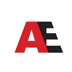 Red and black logo with the letters "AE" overlapping.