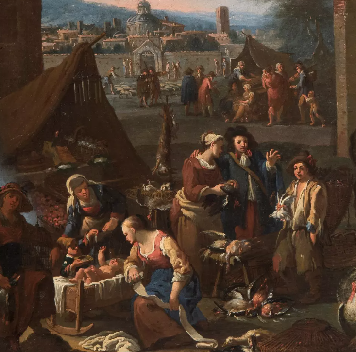 Festa all'aperto affollata vicino a un edificio a cupola, con persone vestite con abiti colorati e cibo su tavoli e a terra