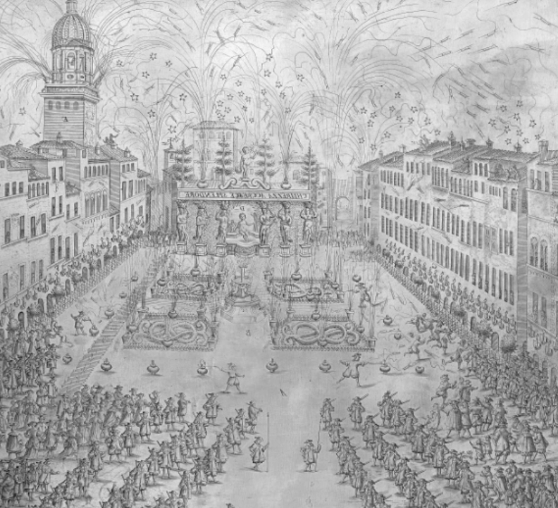 Schizzo monocromatico di una grande piazza cittadina con folla, edifici e fuochi d'artificio sopra un palco centrale.