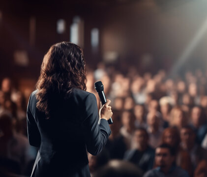 A woman is holding a microphone in front of a crowd.
