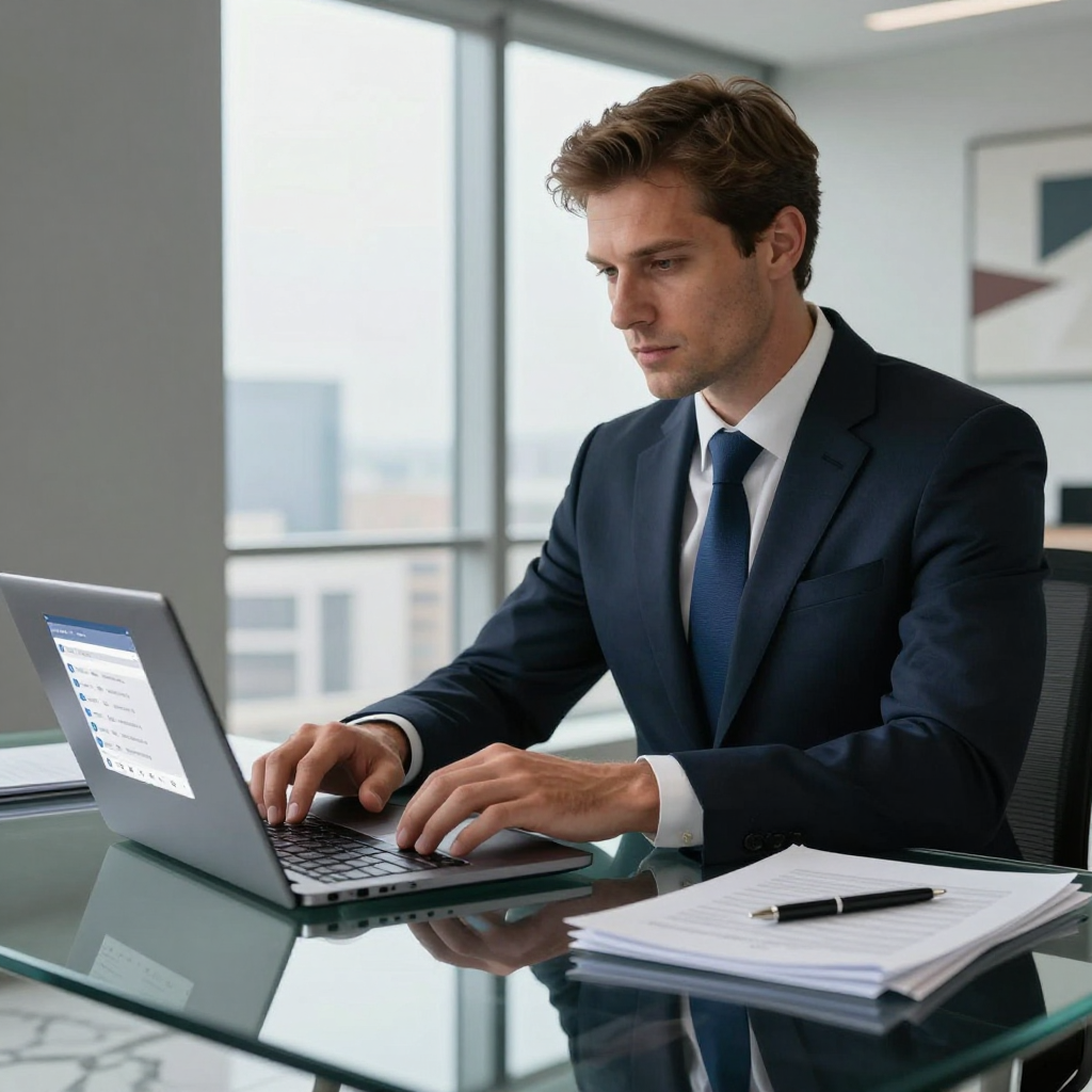 Professional in a suit typing on a laptop at a glass desk in a modern office with large windows.