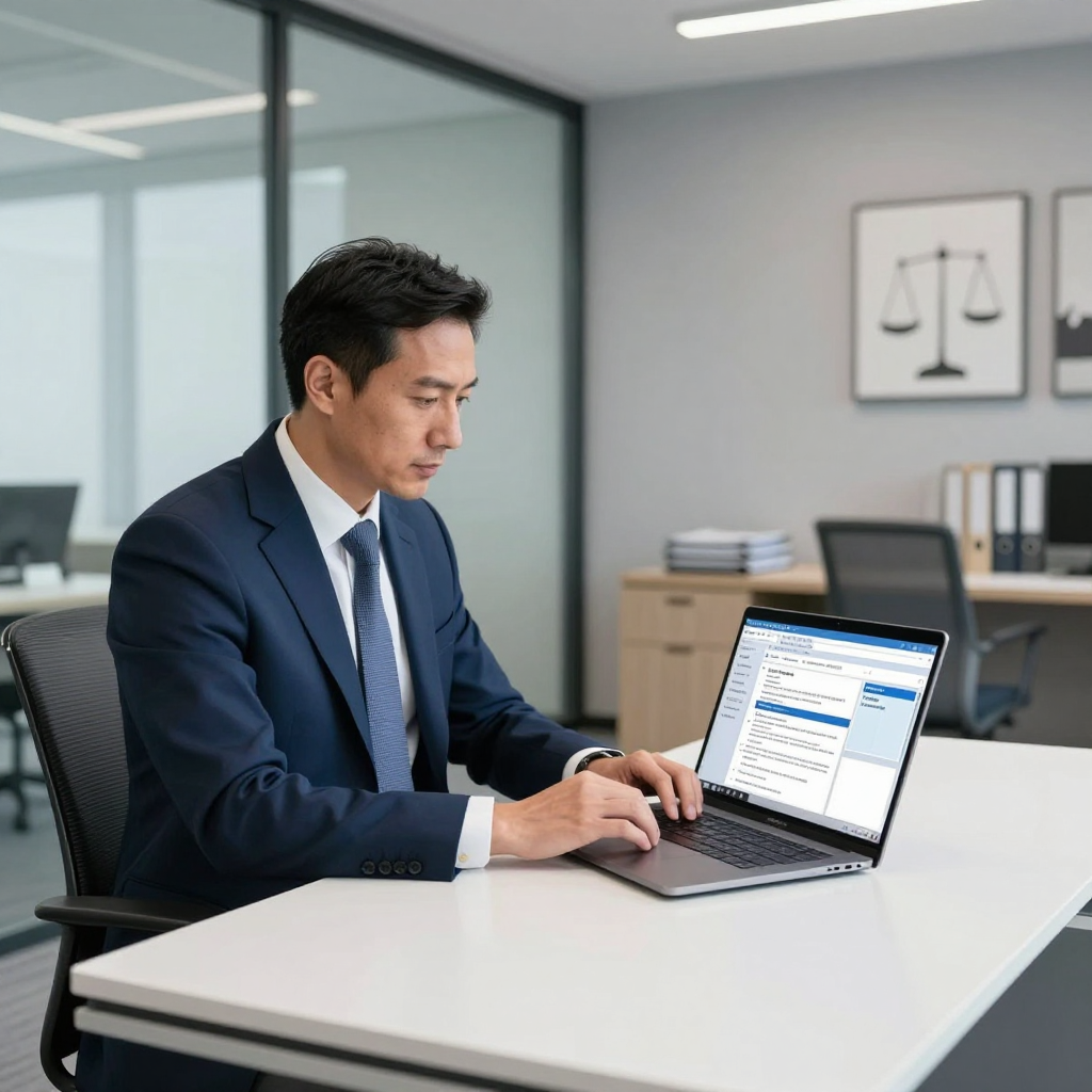 A person in a business suit sitting at a desk and typing on a laptop in a modern office with legal artwork on the wall.