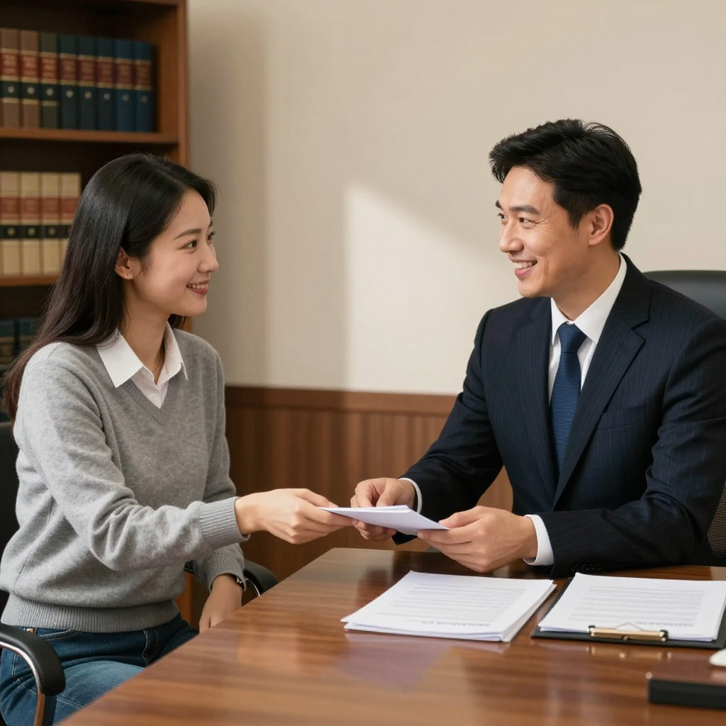 A person in a professional office setting hands a document to a colleague in a suit across a desk.