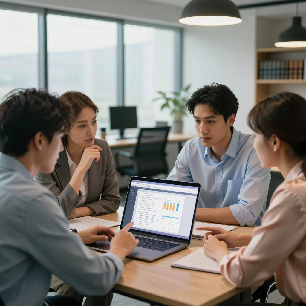 Four people sit around a wooden table in a bright office, collaborating while looking at a laptop displaying data charts.