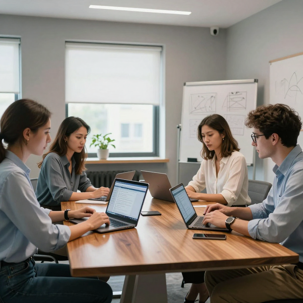 Four people sit around a wooden conference table in a modern office, typing on laptops during a collaborative meeting.